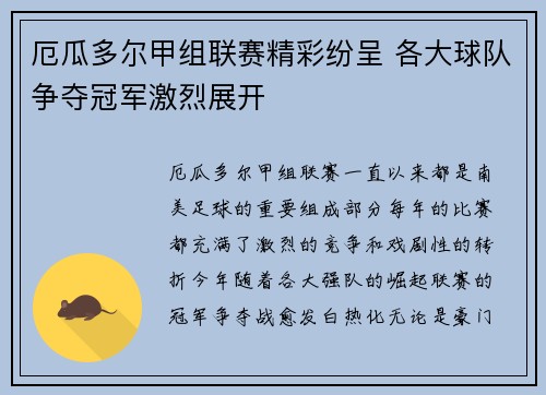厄瓜多尔甲组联赛精彩纷呈 各大球队争夺冠军激烈展开