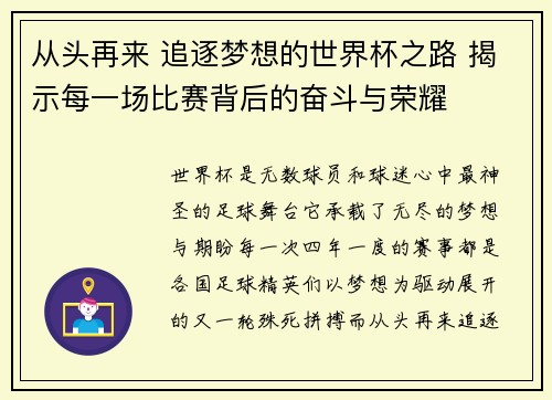 从头再来 追逐梦想的世界杯之路 揭示每一场比赛背后的奋斗与荣耀